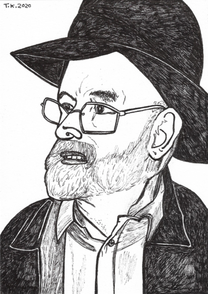 Ink pen drawing of a bearded man with hat and glasses