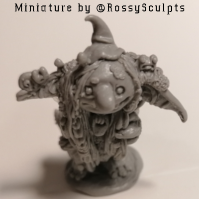 Gray miniature of a goblin with mossy outfit, who has a snail on one and a frog on another one of his ears.